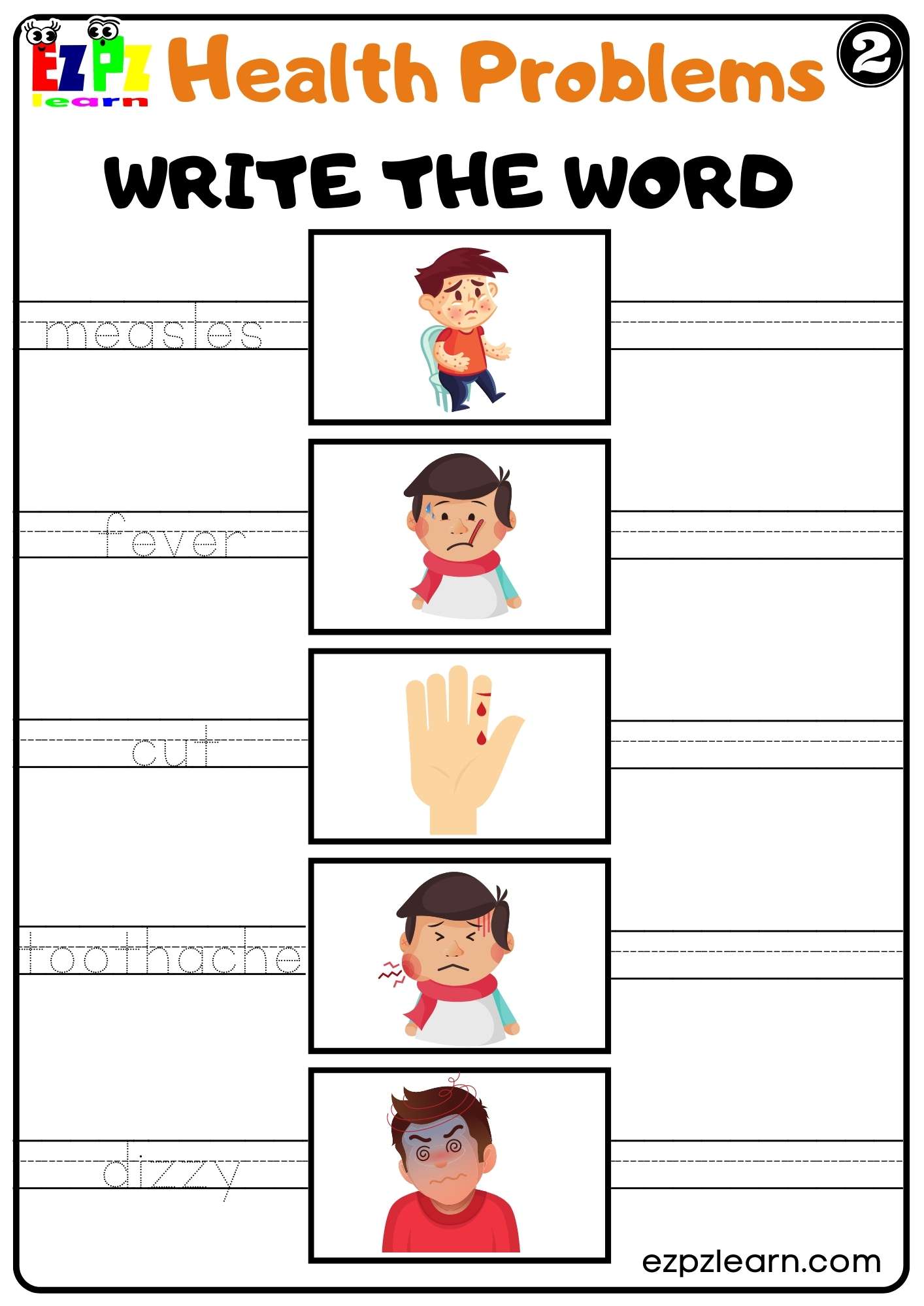 Health Problems Write the Word Worksheet for K5 Kids and ESL Students Free PDF Download Set 2